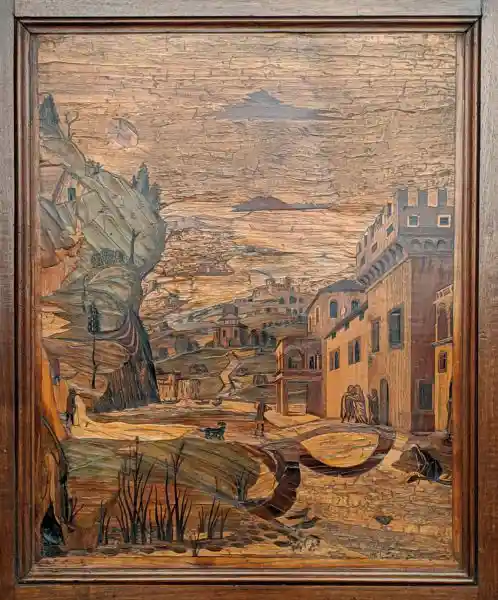 Detail of choir stalls, marquetry mosaic art piece of landscape with architectural and natural elements, located in Bode Museum